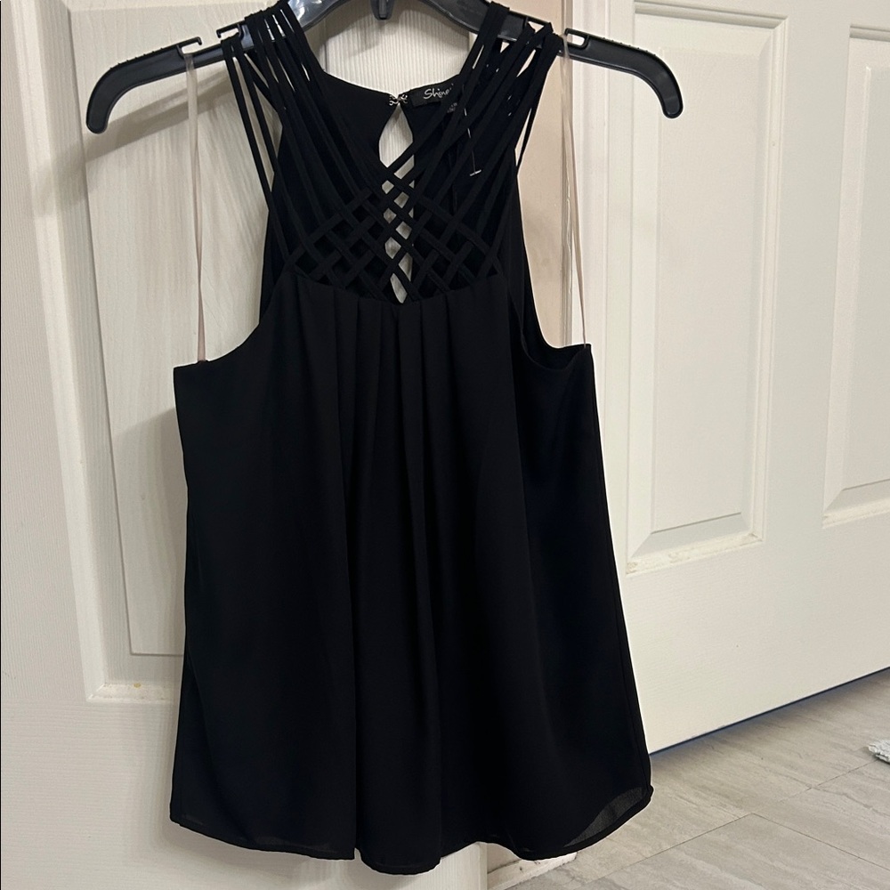 Shinestar Black Sleeveless Blouse with Lattice Detail NWT!!!